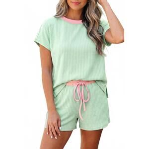 NEW DEAR LOVER soft ribbed color block trim casual short set in clearly aqua